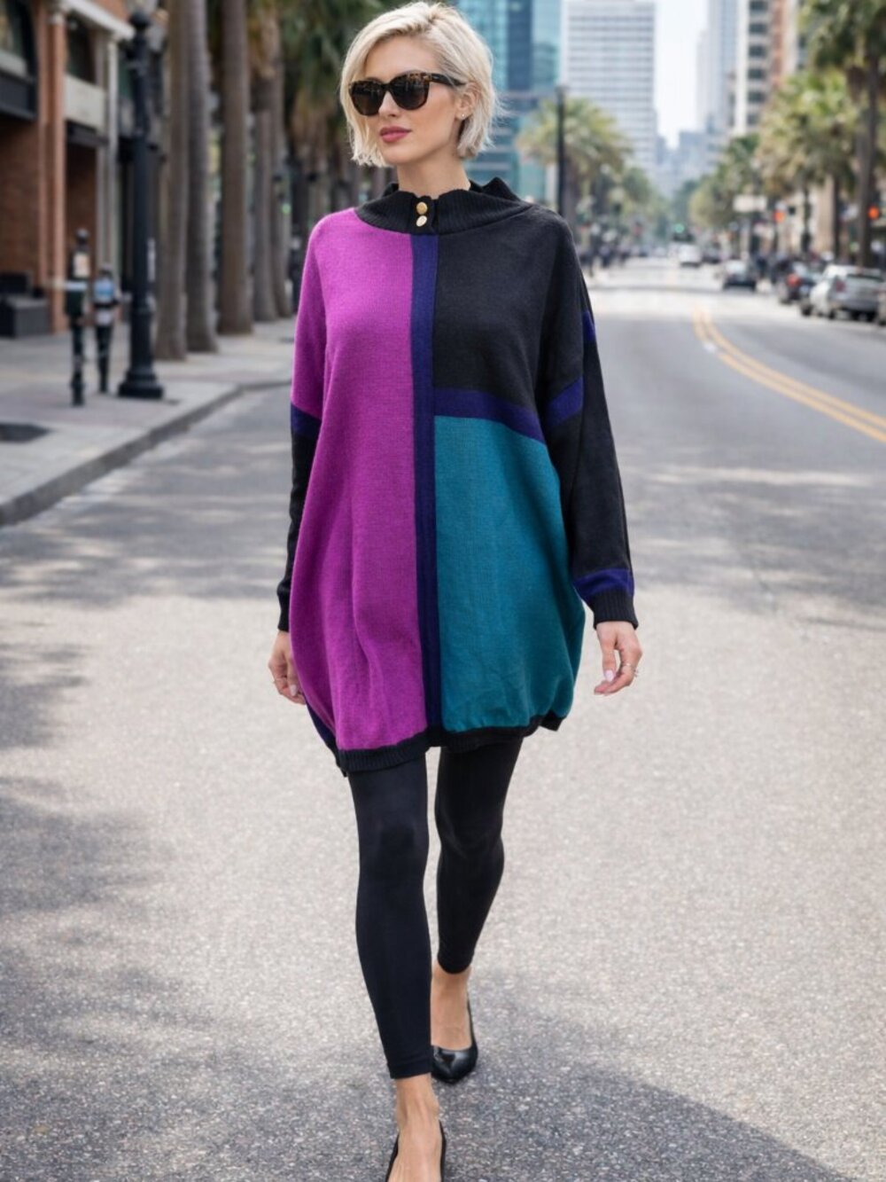 Vintage Euro-Flash Oversized Colorblock Sweater OSFA Purple Teal Black 80s Style